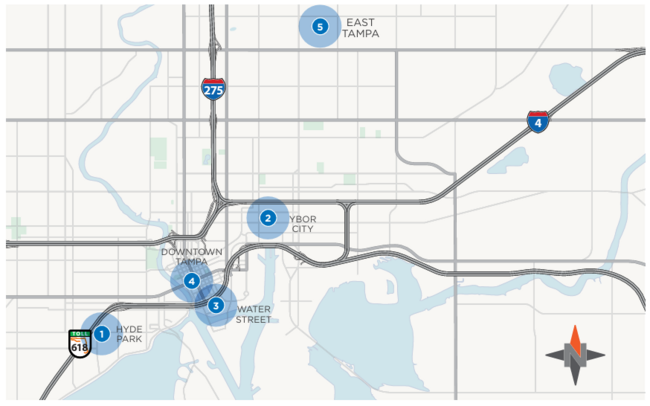 Map showing locations of the 5 outreach events held for the City of Tampa Parking Master Plan Community Outreach.