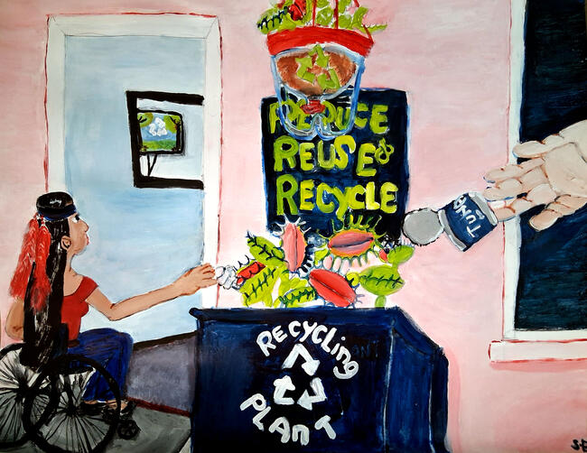 A woman in a wheelchair at a recycling plant, near a bin with "Recycle" text.