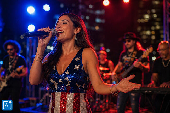 Singer performing on stage with a band, wearing a dress with stars and stripes.