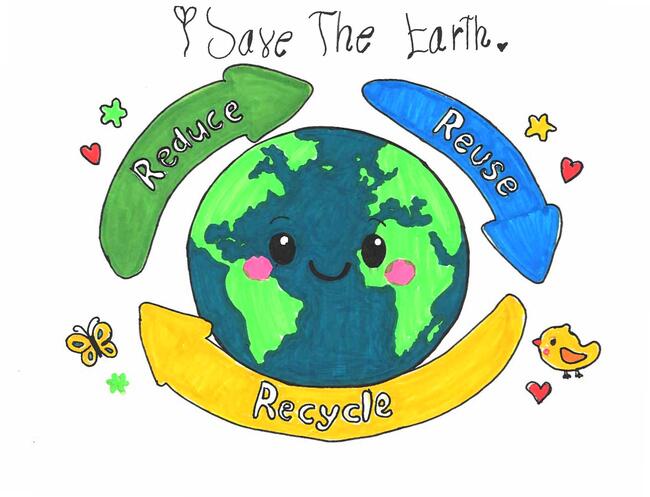 Cartoon Earth with a smiling face, surrounded by arrows reading "Reduce," "Reuse," "Recycle."