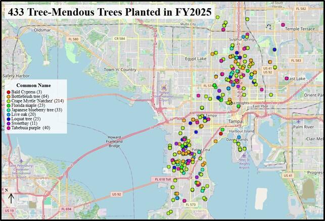 433 trees planted in FY2025 map with colorful location markers.