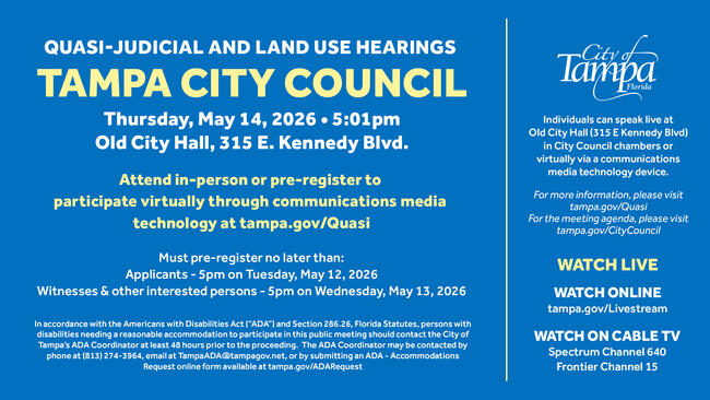 Tampa City Council quasi-judicial hearing notice for May 14 at Old City Hall.