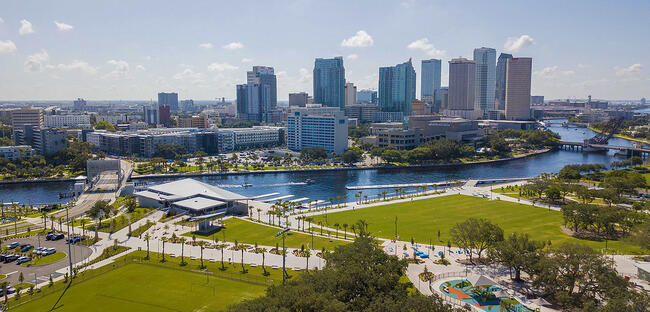 Aerial View of Julian B. Lane Riverfront Park and Tampa Skyline