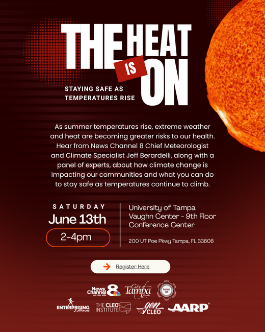 Digital flyer for a climate event titled "The Heat Is On," with event details and date June 13th.