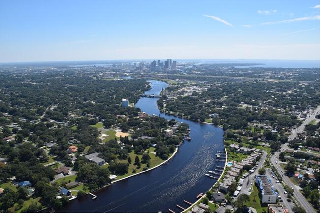 Aerial view of a river winding through a green landscape toward a distant city skyline.