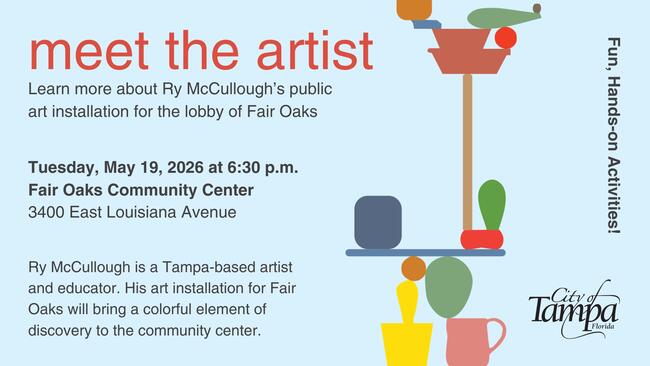 Meet the Artist event poster for Fair Oaks, featuring colorful abstract art and event details - Tuesday May 19th at 6:30 pm at Fair Oaks Community Center
