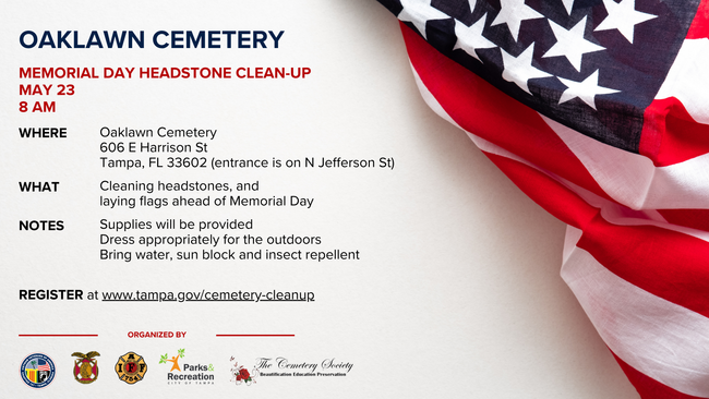 Memorial Day headstone cleanup event at Oaklawn Cemetery details with flag background.