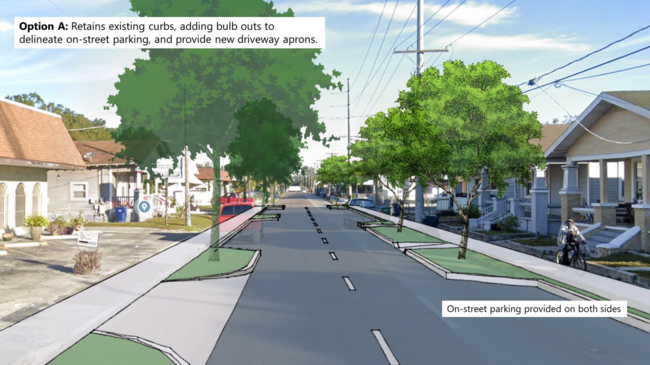 15th Street neighborhood district graphic, trees and residential houses line the street.