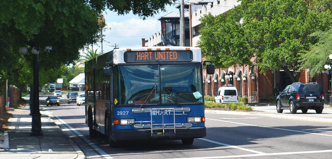 Bus on urban street near trees and buildings, related to transit-oriented development.