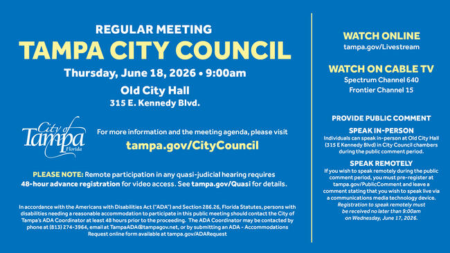 Graphic for Tampa City Council regular meeting on June 18, 2024, with meeting details and instructions.