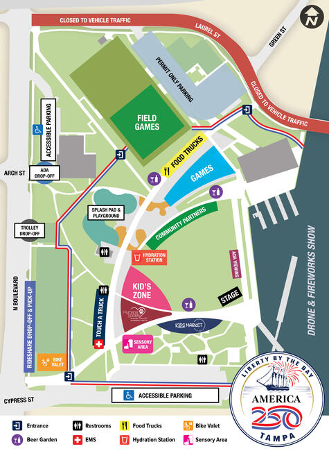 Event map for Liberty by the Bay America 250 Tampa at Julian B. Lane Riverfront Park. The map shows event areas, accessible parking and drop-off locations, entrances, restrooms, food trucks, emergency services, hydration, sensory area, bike valet, trolley drop-off, rideshare pickup, and areas closed to vehicle traffic.  At the top of the map, Laurel Street is marked in red as “Closed to vehicle traffic.” Green Street is shown at the upper right. North Boulevard runs along the left side of the park.