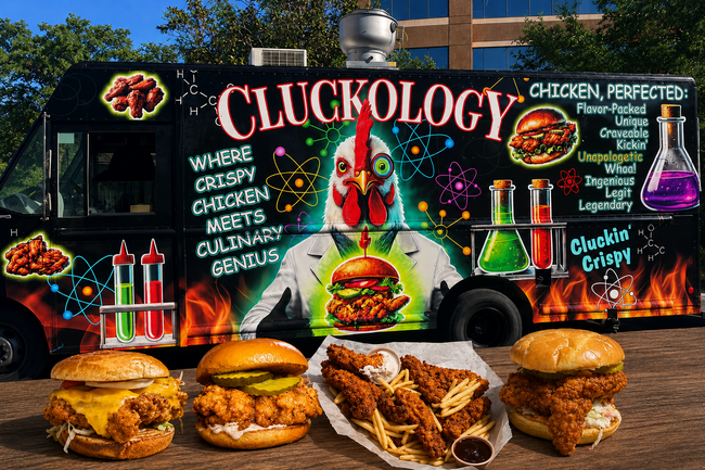 Food truck decorated with chicken-themed art, offering fried chicken sandwiches and tenders.