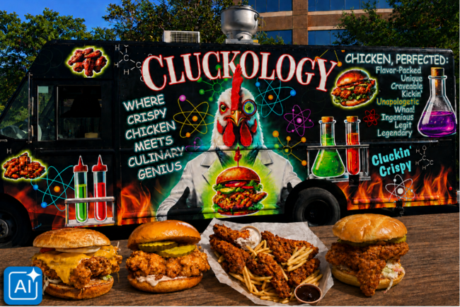 Cluckology food truck with vibrant chicken-themed graphics and fried chicken sandwiches displayed.