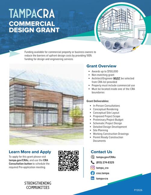 Flyer for TAMPA CRA Commercial Design Grant with images of architectural plans and modern building illustration.