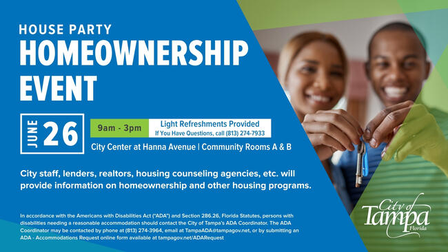 Graphic for a Homeownership Event on June 26 with time, location, and City of Tampa logo.