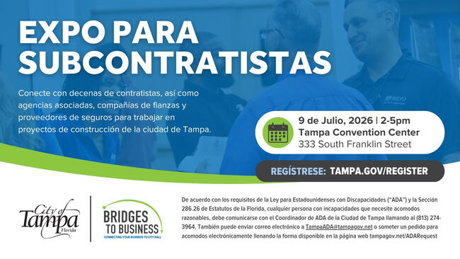Spanish-language graphic for a subcontractor expo in Tampa on July 9, 2024, with registration info.