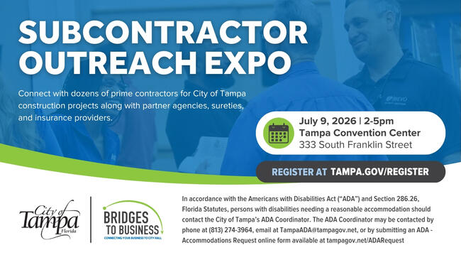 Graphic for Subcontractor Outreach Expo on July 9, 2024 at Tampa Convention Center.