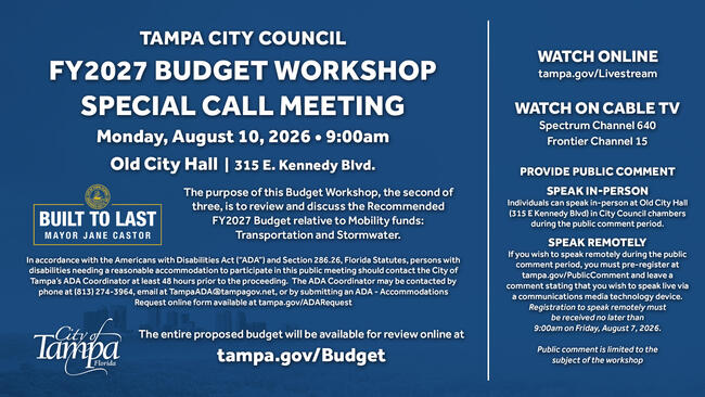 Tampa City Council FY2027 Budget Workshop meeting notice for August 10, 2024, with viewing details.