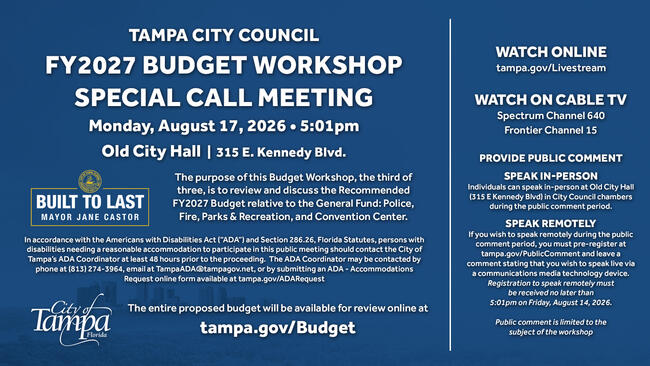 FY2027 Budget Workshop notice for Tampa City Council, August 17, 2024, with meeting details.