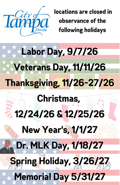 City of Tampa holiday closures for 2026-2027, listing major holidays and their dates.
