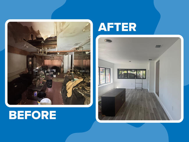 Before and after photo showing a damaged room restored to a clean, modern space.