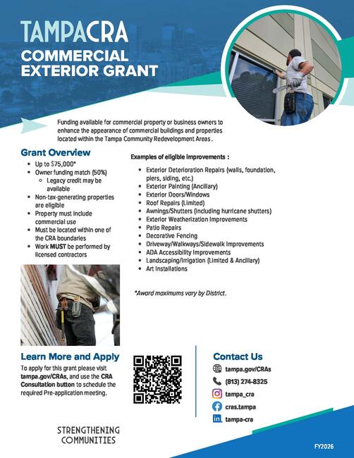 Flyer for Tampa CRA Commercial Exterior Grant with overview, eligible improvements, and contact info.