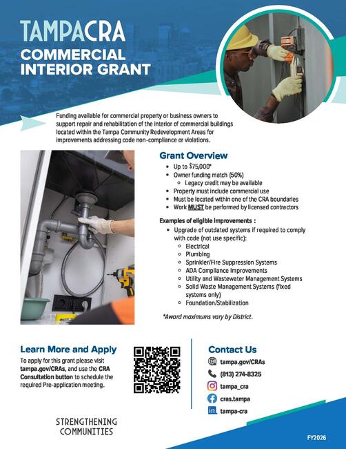 Flyer for TAMPA CRA Commercial Interior Grant with details about funding for building improvements.