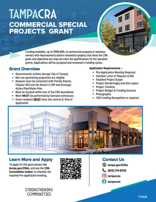 Flyer for TampaCRA Commercial Special Projects Grant with details, contact info, and building images.
