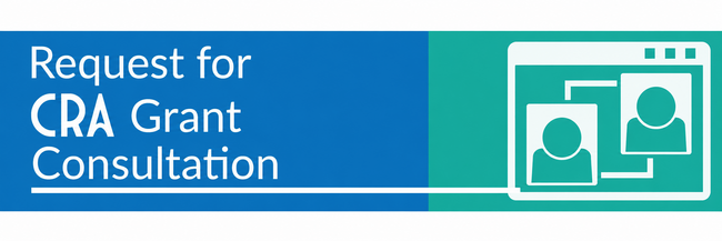 Graphic with text: "Request for CRA Grant Consultation" and icons of people in a web window.