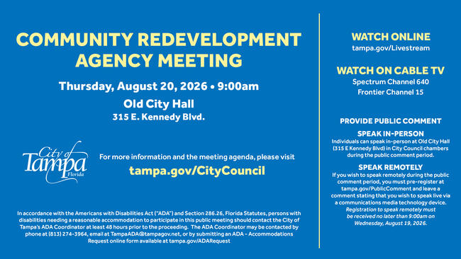 Graphic for Community Redevelopment Agency meeting on August 20, 2019 at Old City Hall, Tampa.