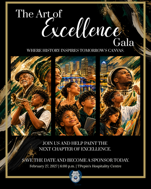 Graphic for "The Art of Excellence Gala" donor invite with painted portraits and event details.