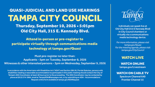 Graphic for Tampa City Council quasi-judicial hearing on September 10, with participation details.