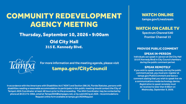 Graphic for the CRA meeting on September 10, 2020, at Old City Hall with viewing options and public input info.