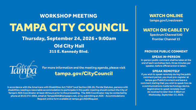 Graphic for Tampa City Council hybrid workshop meeting on September 24, 2020, with participation details.