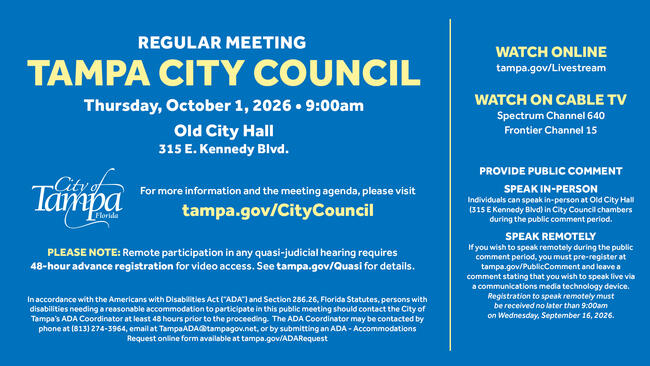 Tampa City Council meeting flyer for October 1, 2016, with participation and viewing details.
