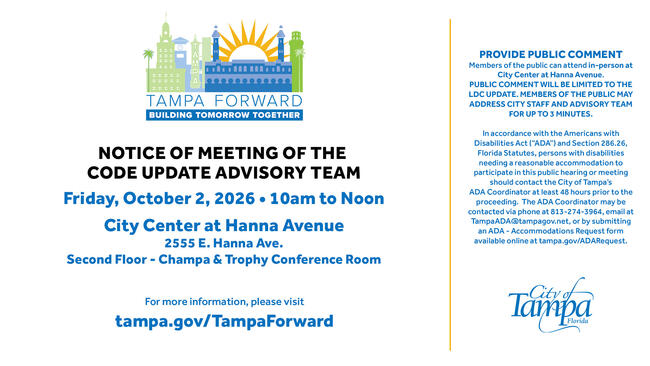 Graphic for "Tampa Forward" Code Update Advisory Team meeting on October 2, 2026, with details.