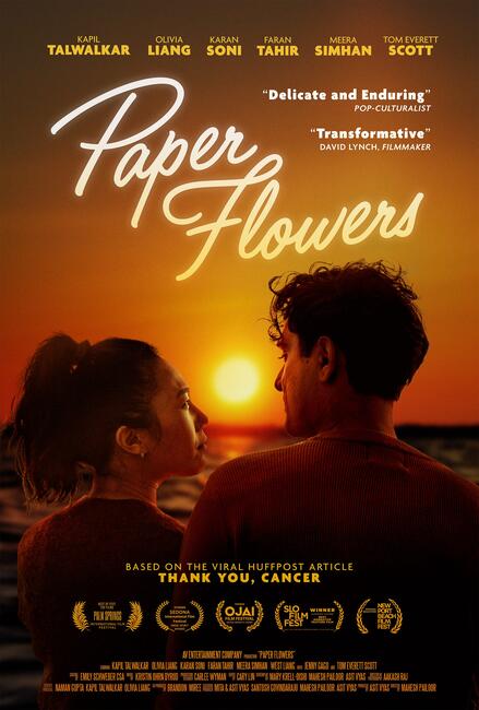 Paper Flowers movie poster with a a young couple (man and woman) by the shore at sunset.  