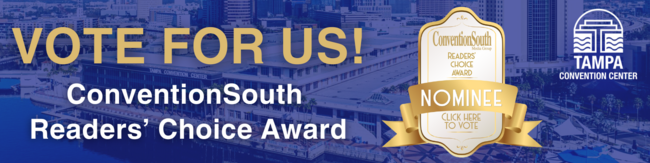 ConventionSouth Readers' Choice Award banner urging votes, with a nominee badge and Tampa logo.
