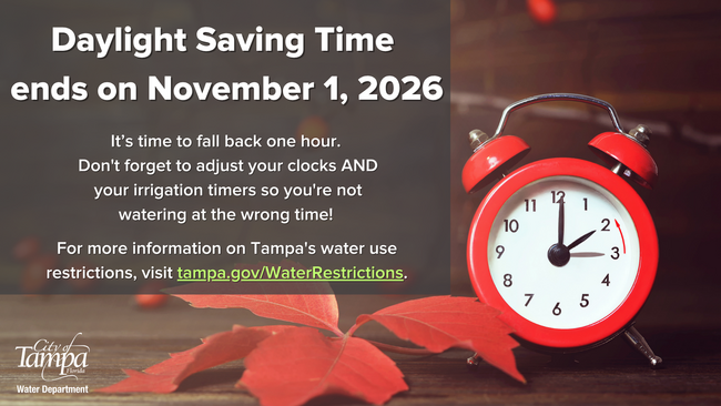 Daylight Saving Time ends November 1, 2026. It's time to fall back one hour. Reminder to adjust clocks and irrigation timers so you're not watering at the wrong time. For more info on Tampa's water use restrictions, visit tampa.gov/WaterRestrictions.