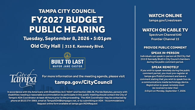 Graphic for Tampa City Council FY2027 Budget Public Hearing, September 4, 2026, 5:01pm, with details.