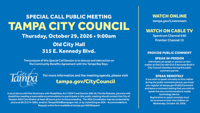Graphic for a Tampa City Council special call meeting on October 29, 2026, with details and viewing info.