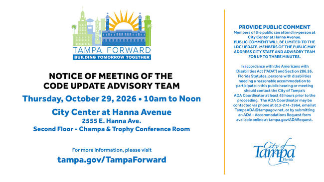 Graphic for the October 29, 2026 Code Update Advisory Team meeting, City of Tampa, with details.