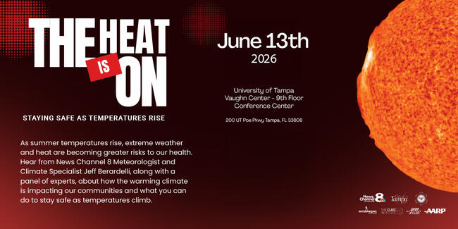 Banner graphic with bold text "The Heat Is On," event details for June 13th, and a large image of the sun.