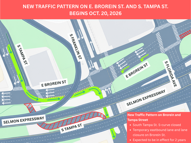 Map graphic showing new traffic pattern changes on E. Brorein St. and S. Tampa St. starting Oct. 20, 2026.