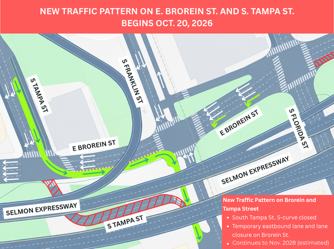 Graphic street map showing new traffic pattern for E. Brorein St. and S. Tampa St. starting Oct. 2026.