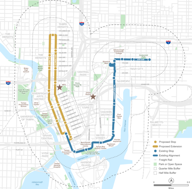Streetcar map showing proposed and existing lines, stops, and key route connections in a city grid.