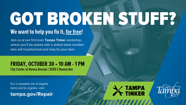 Tampa Tinker Repair Workshop promo graphic; event details and repair tools background.