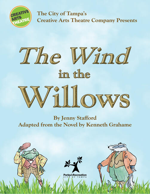 The Wind in the Willows poster with illustrated animals and play details on a light blue background.