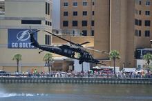 Helicopter flying over waterfront near Tampa General Hospital