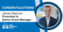 Congratulations banner for James Malcolm's promotion to Senior Event Manager.